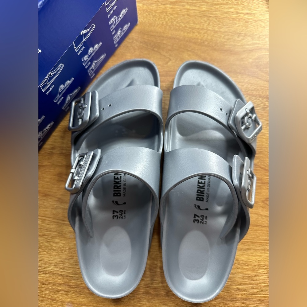 Grey/silver Birkenstocks. New, never worn with original box